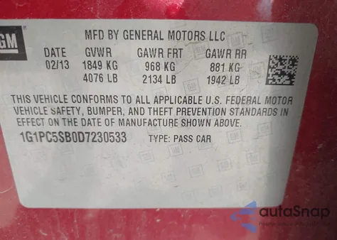 2013 Chevrolet Cruze 1Lt Auto z USA, uszkodzony, nr VIN 1G1PC5SB0D7230533